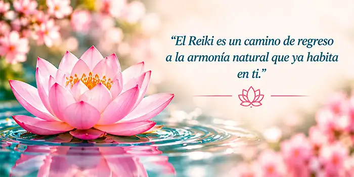 El Reiki es un camino de regreso a la armonía natural que ya habita en ti. Flor de loto rosa sobre el agua.
